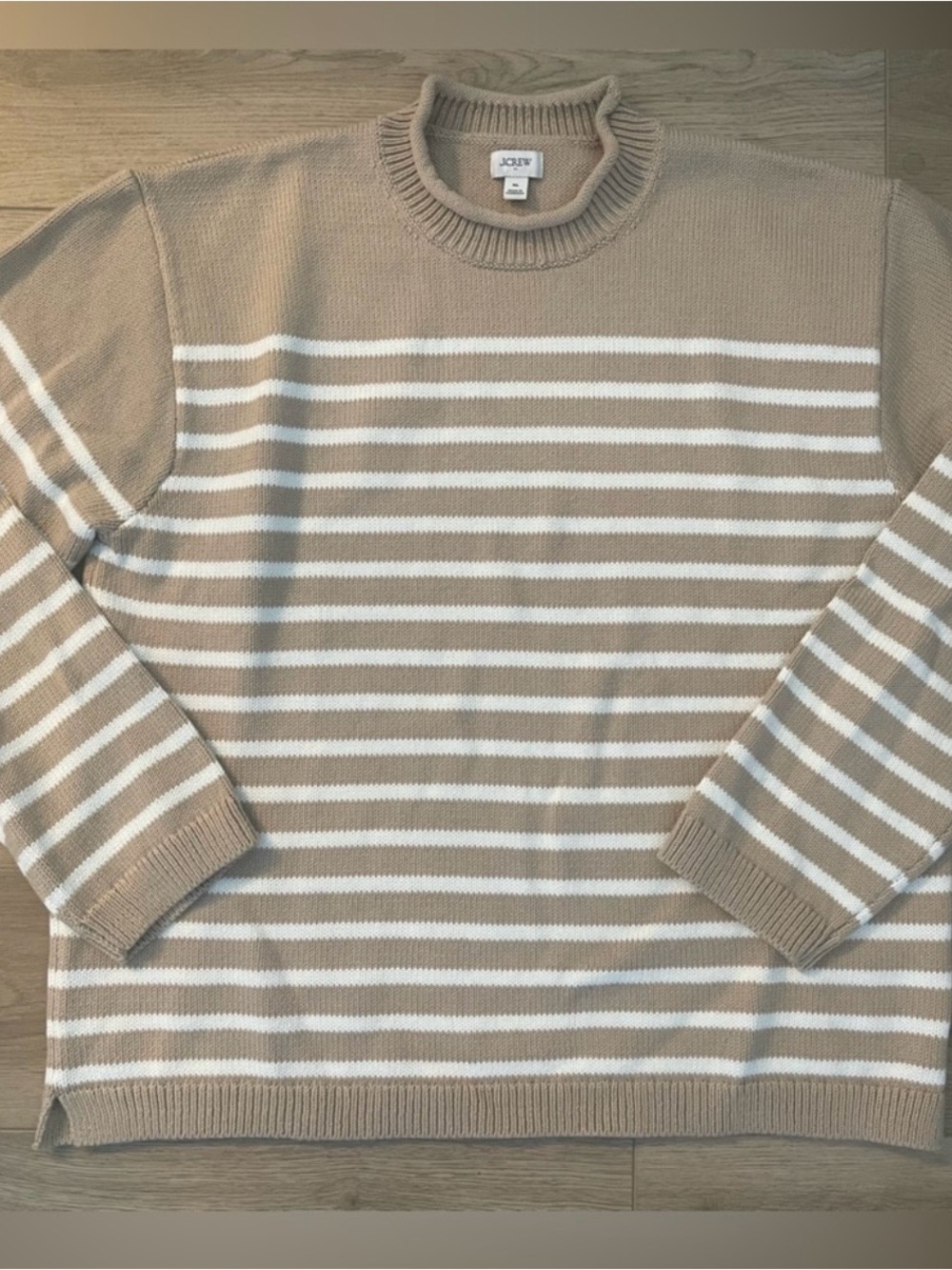 J. Crew Factory Women’s Tan and White Striped Crewneck Sweater